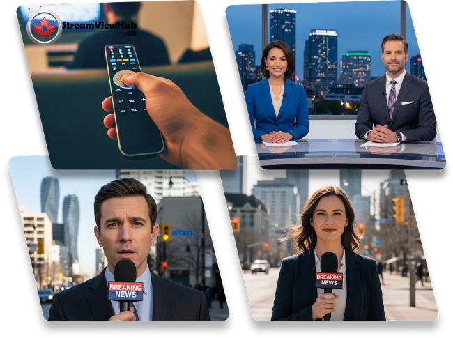 Four panels displaying Canadian news anchors, reporters holding microphones, and a hand using a remote control to stream television content.