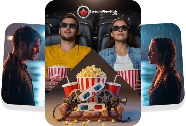 A home theater scene showing a man and a woman in stadium seats wearing 3D glasses with popcorn boxes, soda, and movie reels in the foreground